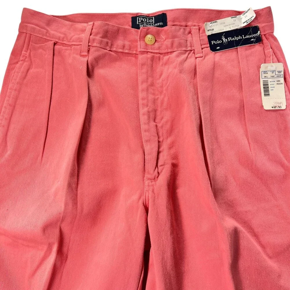 NWT Vtg Polo Ralph Lauren Mens Pleated Jeans 32x36 Retro Coral Pink Cotton USA - Picture 2 of 14